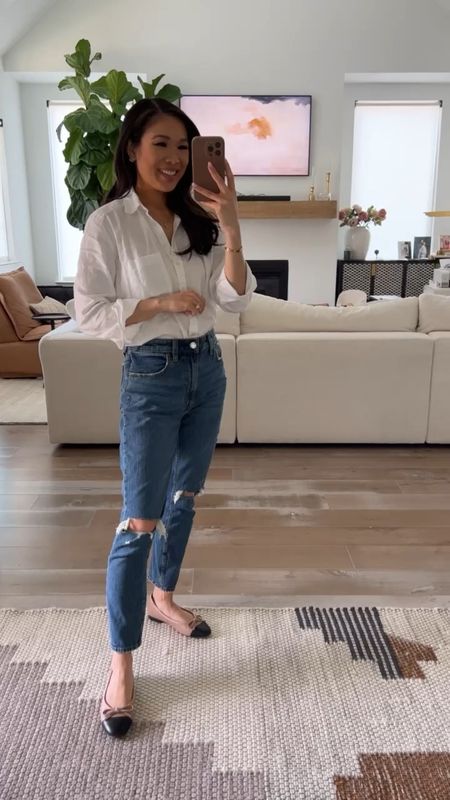Smart casual outfit including a linen button down paired with distressed mom jeans! I love how easy it is to throw this outfit together. The flats are super comfortable on and the shirt is also pumping friendly  

#LTKstyletip #LTKSeasonal