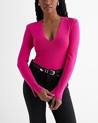 Padded Shoulder Deep V-neck Sweater Bodysuit | Express