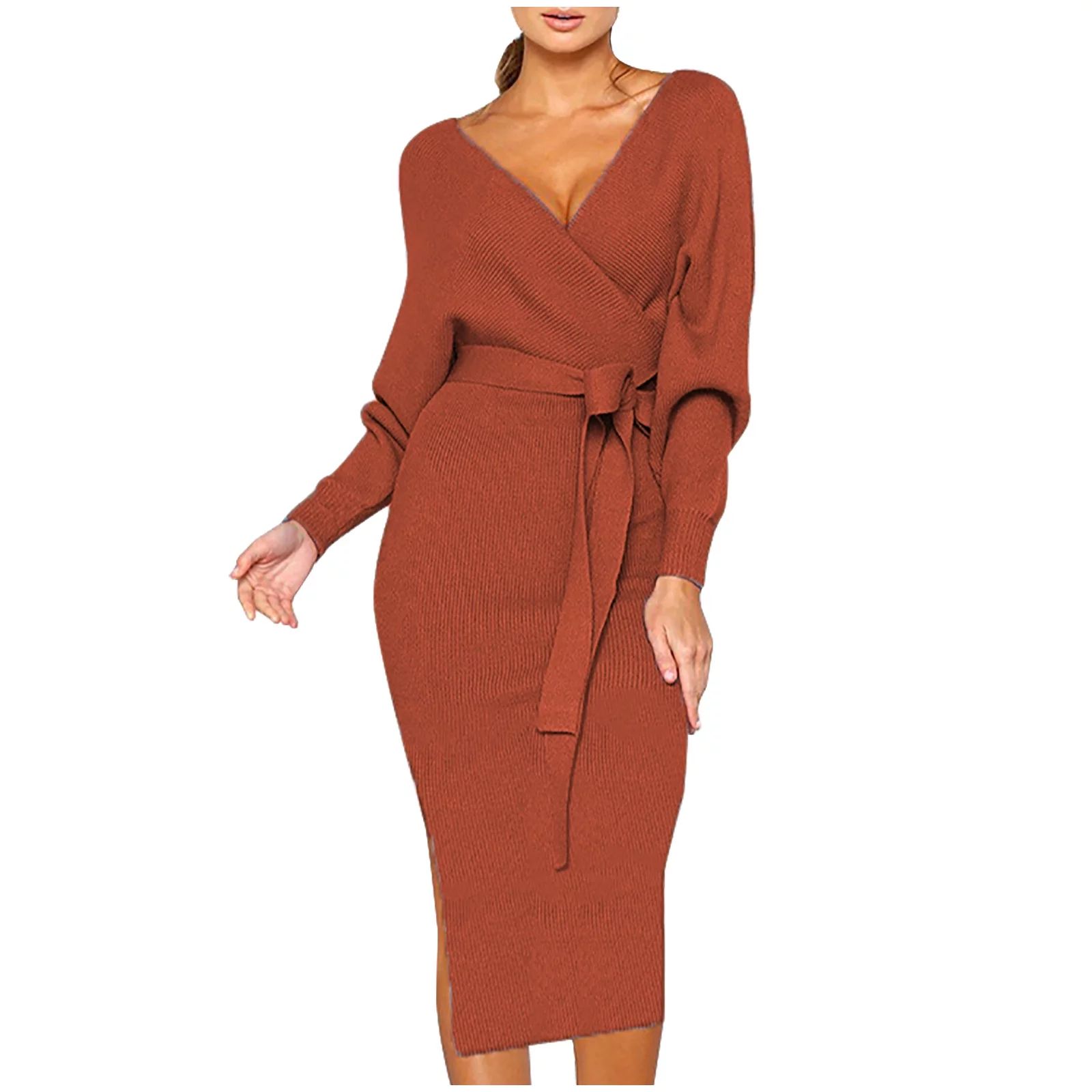 HGWXX7 Womens Dresses Plus Size Lady Fashion Knitted Long Sleeve V-Neck Hip Wrap Warm Sweater Dre... | Walmart (US)