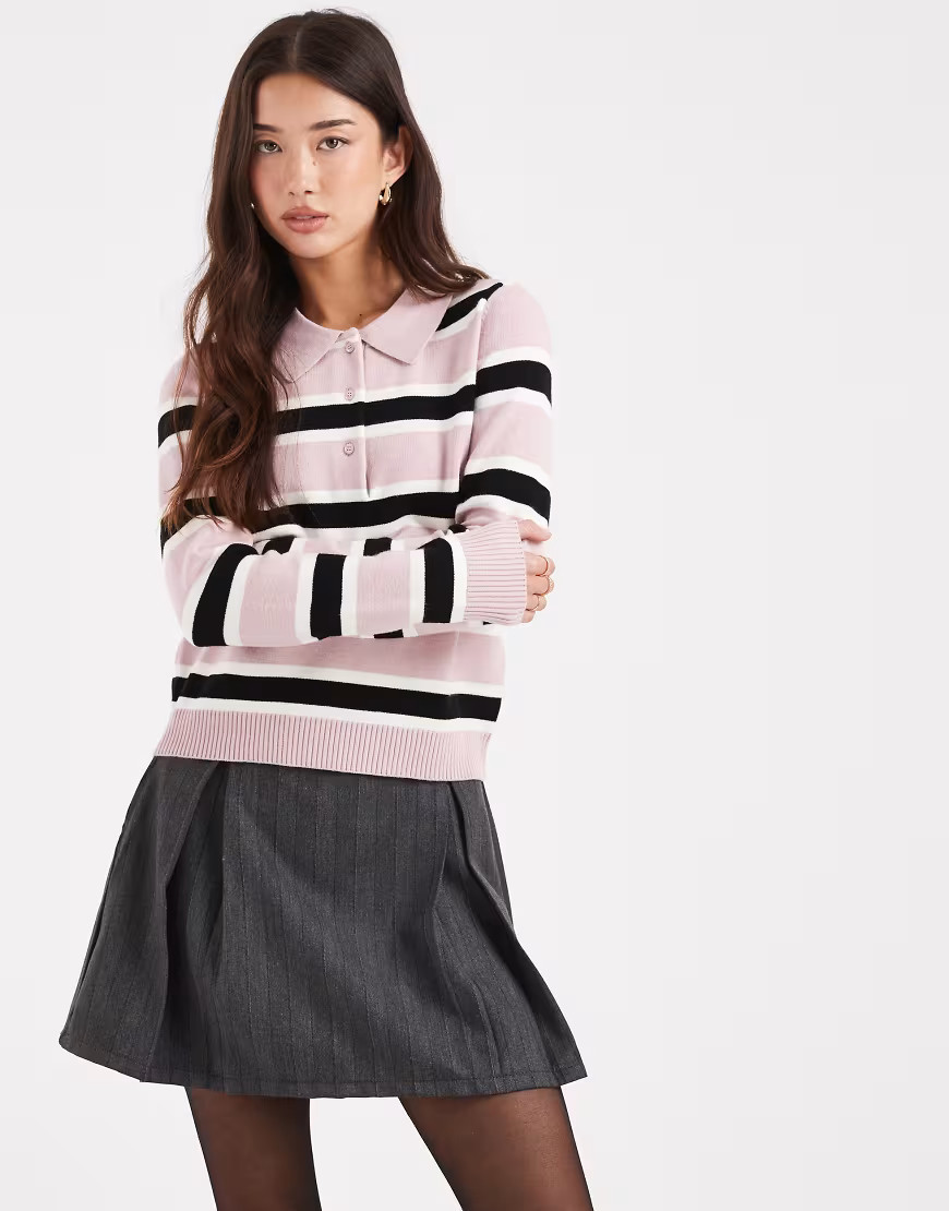 ONLY relaxed fit knitted polo top in pink stripe | ASOS (Global)