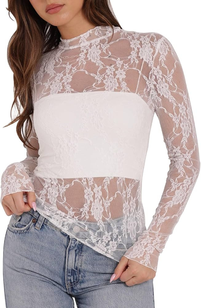 OFEEFAN Womens Long Sleeve Mesh Top See Through Mock Neck Sheer Blouses | Amazon (US)