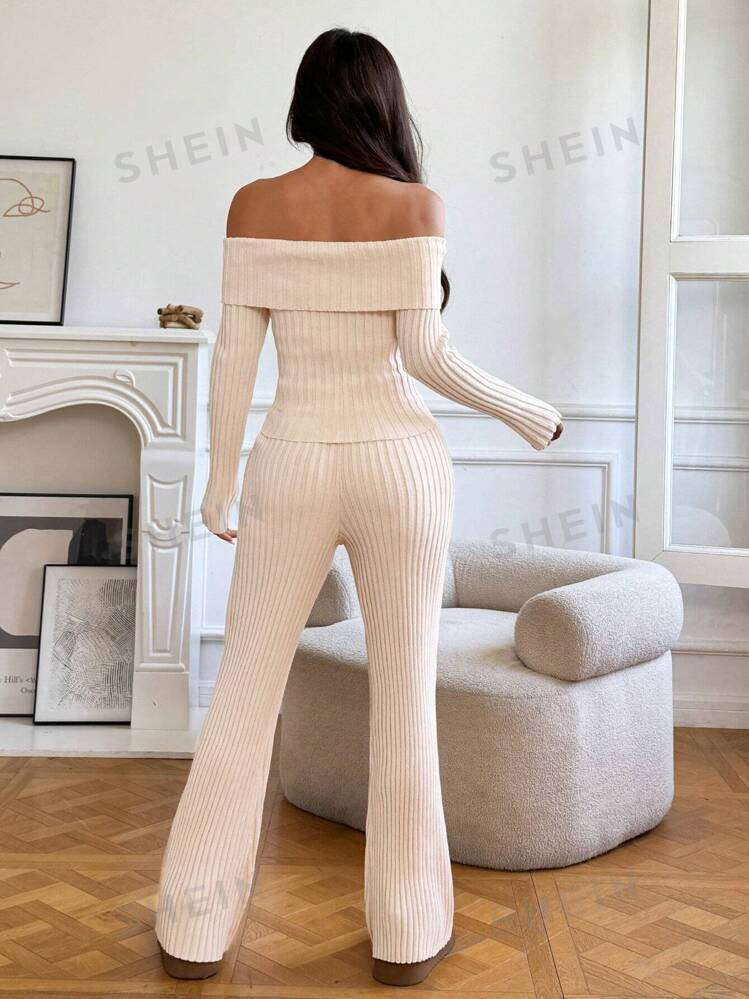 SHEIN EZwear Simple Solid Color Off Shoulder Sweater And Lengthy Pants Set, Casual For Autumn/Win... | SHEIN