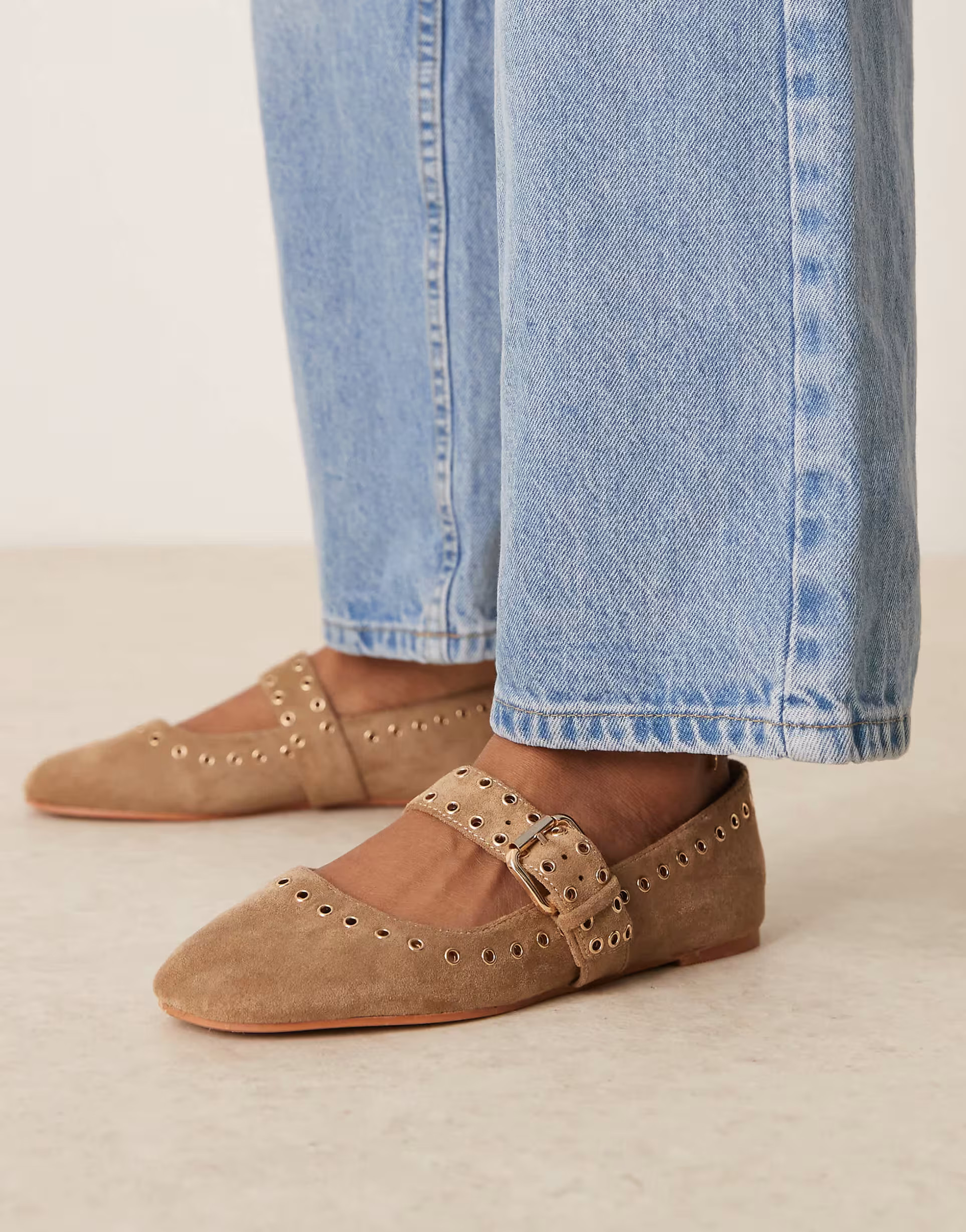 ASOS DESIGN Larson eyelet mary jane ballets in taupe suedette | ASOS | ASOS (Global)