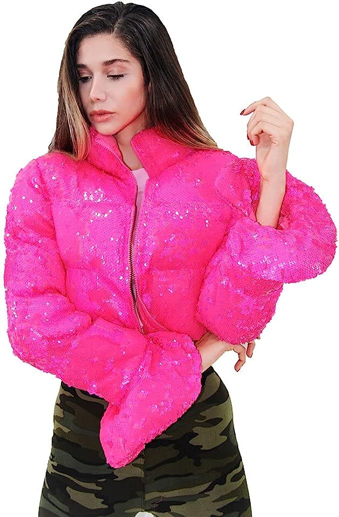 Cropped Puffer Jacket Women Winter Sequin Black White Pink Parka Down Puffy Womens Bubble Coat | Amazon (US)