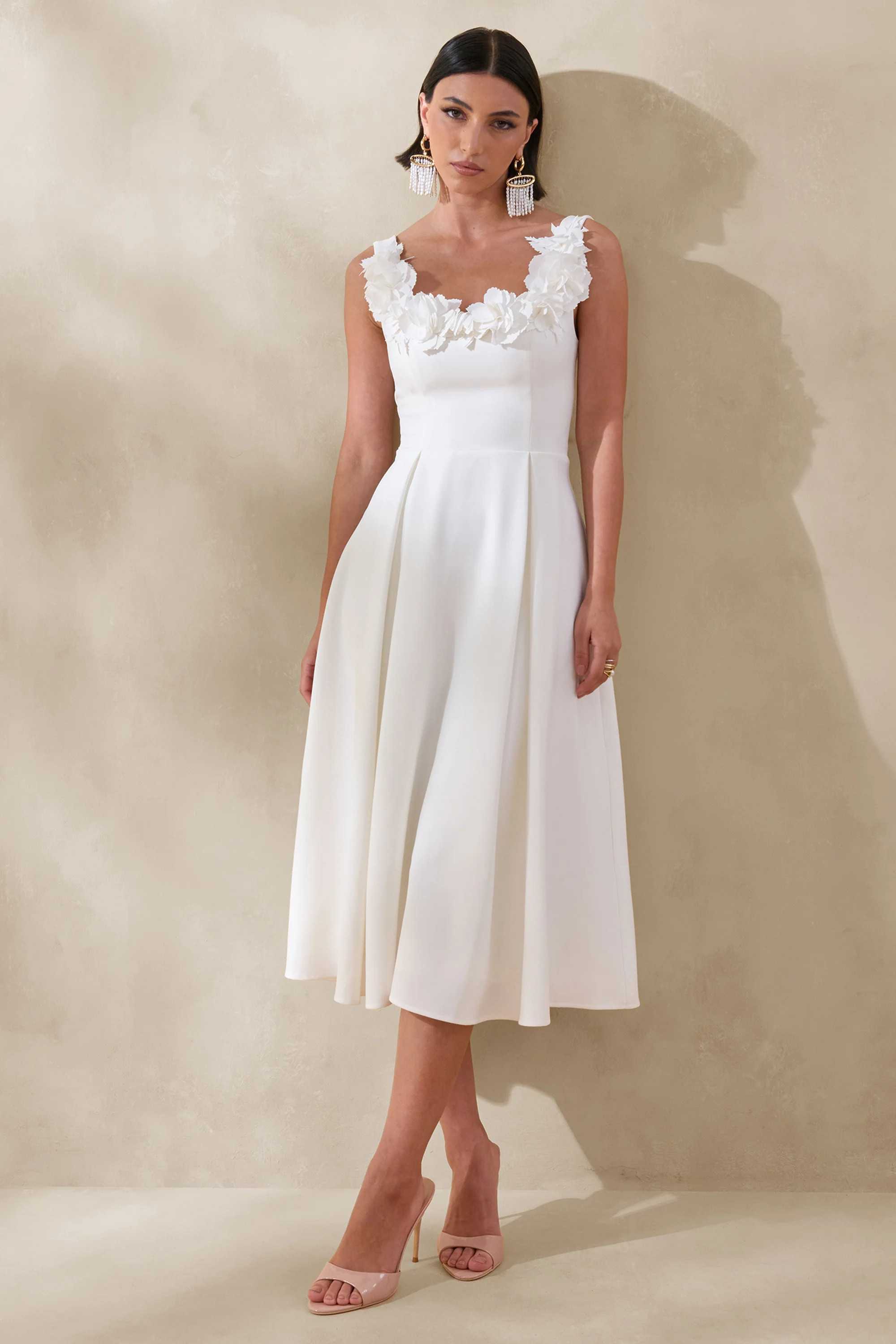 Maelle | White Scoop-Neck Midi Dress With Corsage Detailing | Club L London
