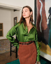 The Satin Long Sleeve V Neck Blouses & Reviews - Green - Tops | RIHOAS | rihoas.com