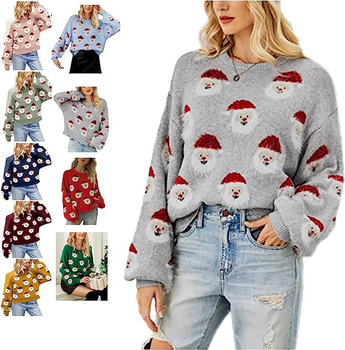 iLH Christmas Sweater for Women Cute Merry Xmas Santa Claus Holiday Cozy Knit Pullover Crewneck S... | Amazon (US)