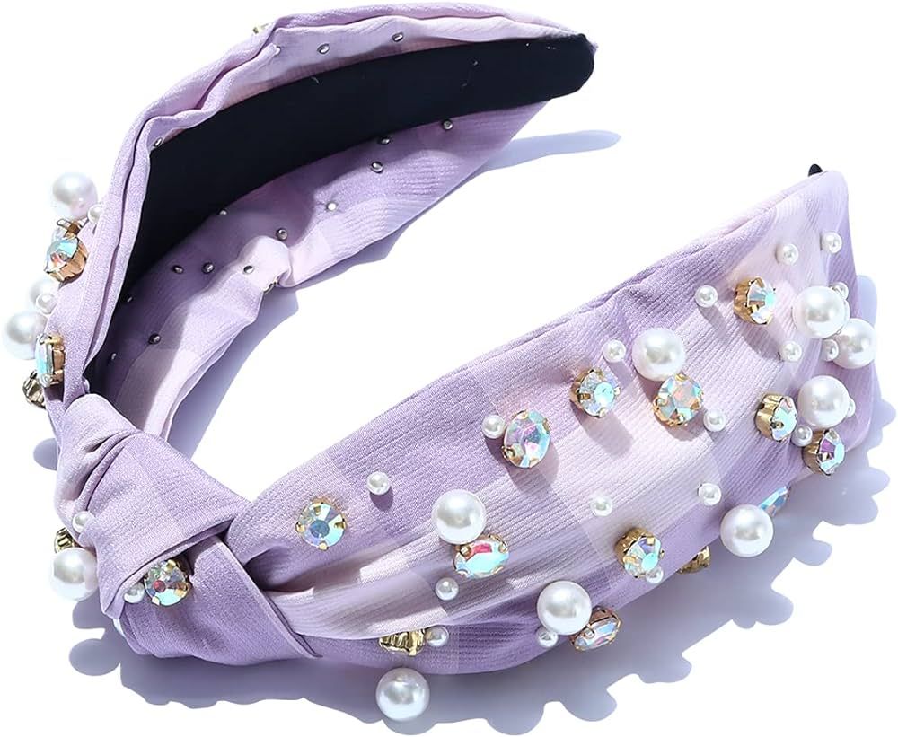 Beaded Knotted Women Headband Luxury Checkered Plaid Purple Jeweled Embellished Top Hairband Fash... | Amazon (US)