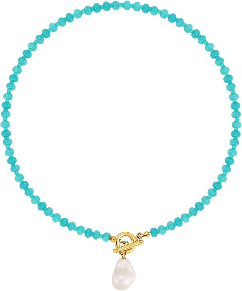 MPRAINBOW Beaded Gemstone Necklace for Women - 18K Gold Plated Beach Jewelry Baroque Pearl Pendan... | Amazon (US)