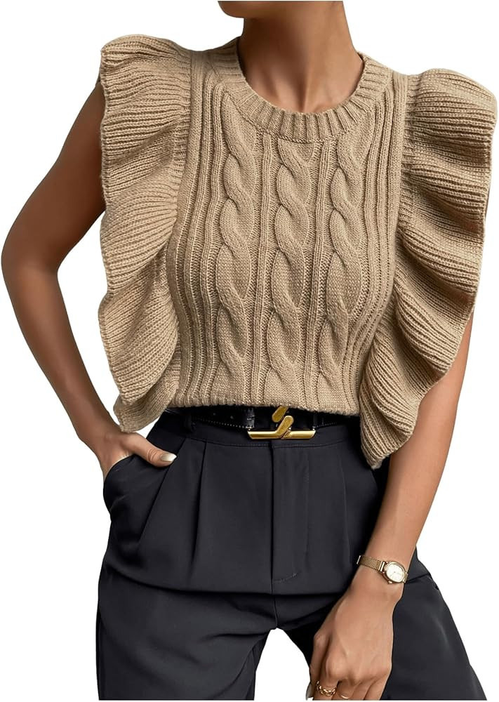 Milumia Women's Knit Ruffle Trim Sweater Vest Crew Neck Sleeveless Crop Tank Tops Knitwear | Amazon (US)