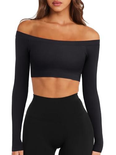 LASLULU Womens Black Crop Top Off The Shoulder Tops Seamless Long Sleeve Workout Crop Top Sexy Athletic Gym Yoga Pilates Going Out Tops Shirts (Black, Large) | Amazon (US)