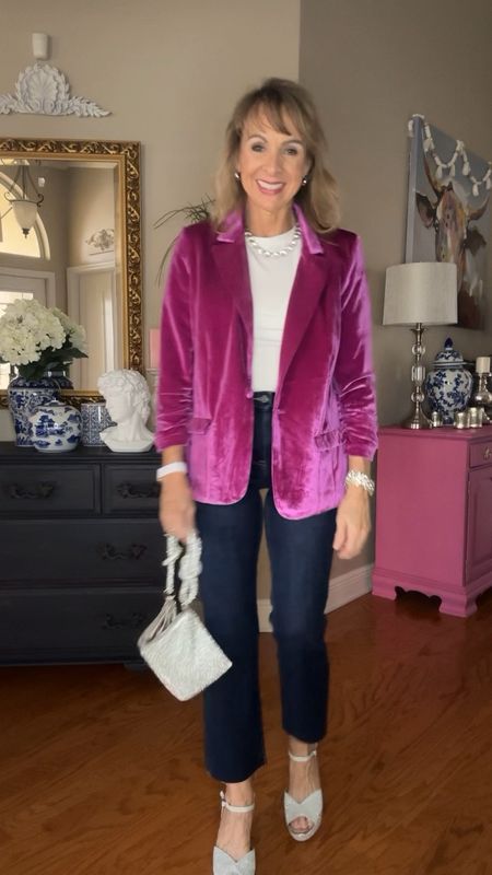 Holiday ready in a flash! This blazer and these jeans are so comfortable yet festive. I’m wearing a small in the blazer and a 27 in the jeans. Use my code THISBLONDE15 to save. 

#LTKfindsunder100 #LTKover40 #LTKHoliday