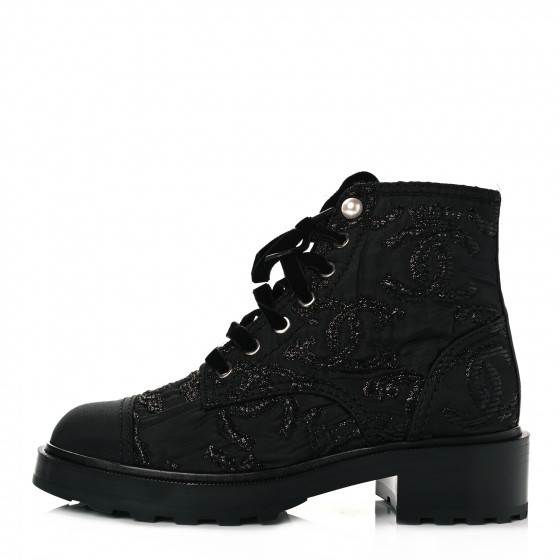 CHANEL Grosgrain Pearl CC Combat Short Boots 38.5 Black | Fashionphile