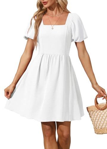OFEEFAN Women s Casual Dresses White Summer Puff Sleeve Square Neck A-Line Mini Dress with Zipper M | Amazon (US)