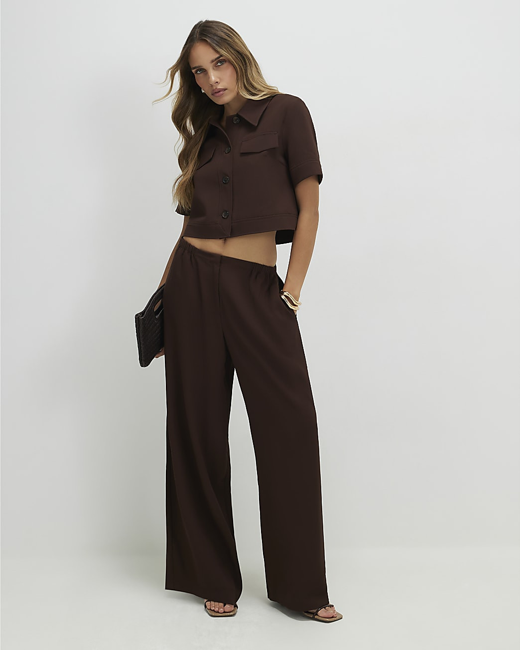 Brown Elasticated Wide Leg Trousers | River Island UK & IE