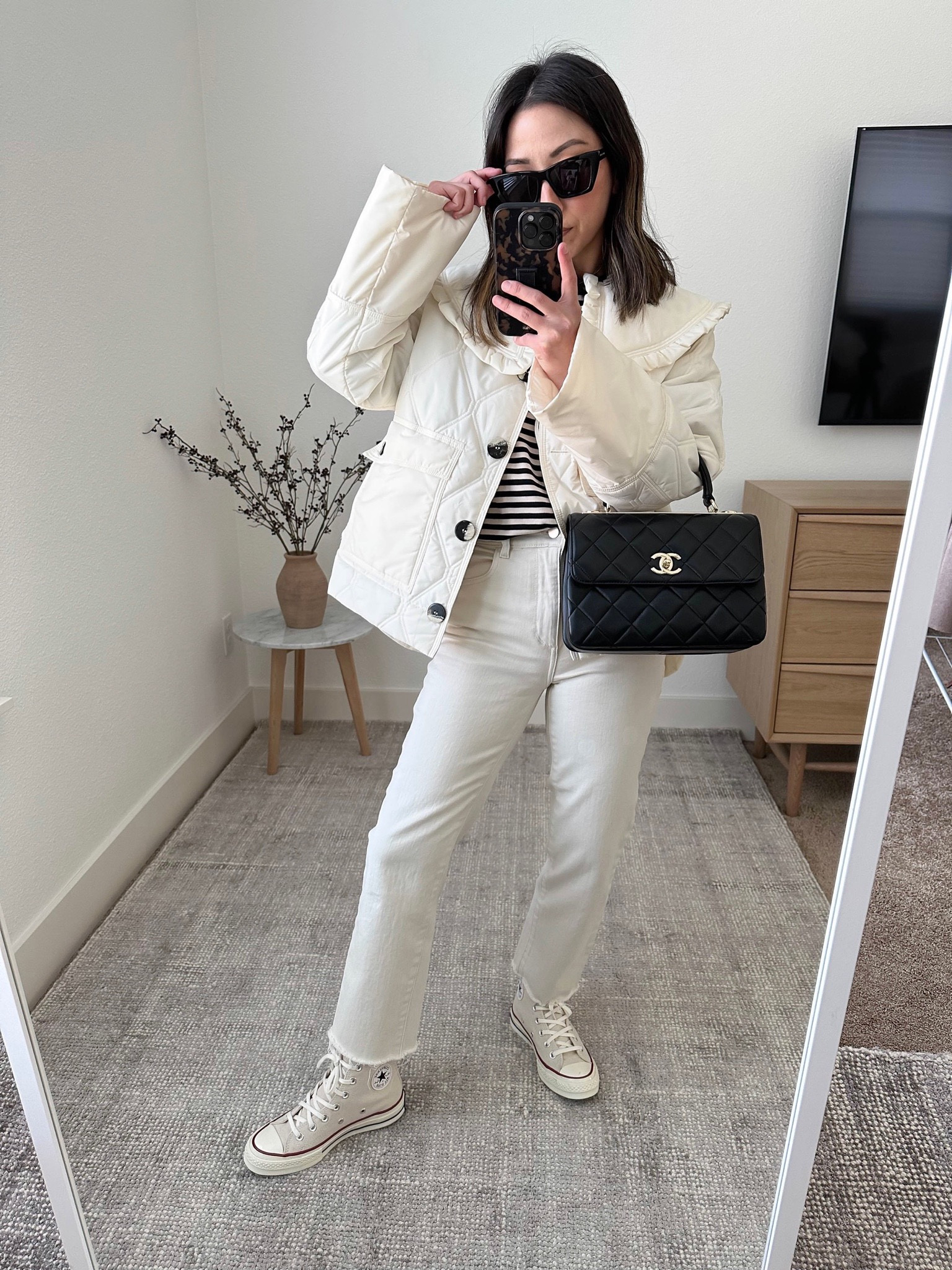 Spring jackets. Ganni off-white quilted jacket. Wearing the smallest size, 32. 

Jacket - Ganni 32
Tee - Theory Small (sold out, linked dupe)
Jeans - DL1961 25
Sneakers - Converse 5
Bag - Chanel Trendy cc small
Sunglasses - YSL


Petite Style, Neutral outfit, capsule wardrobe, minimal style, street style outfits, Affordable fashion, Spring fashion, Spring outfit, travel outfit. 

#LTKitbag #LTKstyletip #LTKshoecrush
