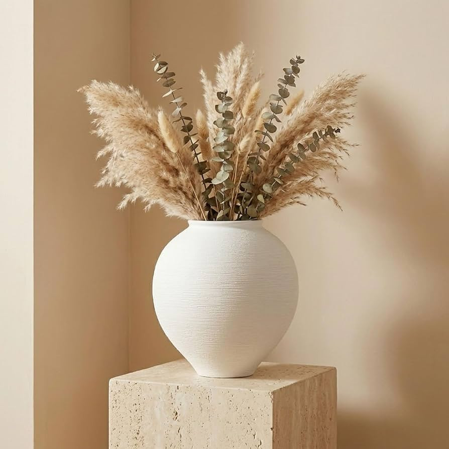 Large White Ceramic Vase - 11.8 Inch Round Farmhouse Wide Mouth Holds Water, White Vases Ceramic ... | Amazon (US)