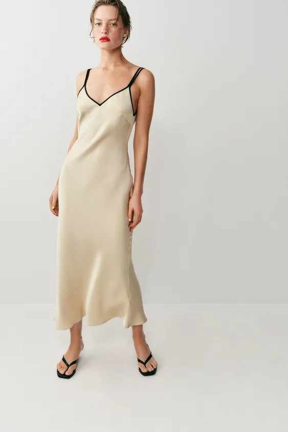 CONTRAST TRIM SATIN MIDI DRESS | Zara UK