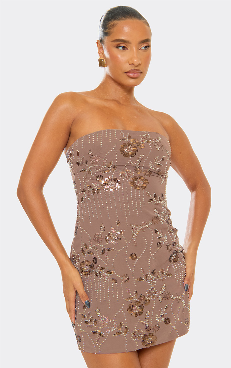 Bandeau Embellished Sequin Floral Mini Dress In Brown | EGO (UK)