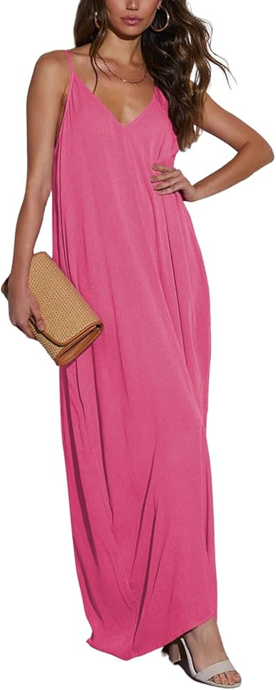 Poetsky Womens Casual Strappy V Neck Sleeveless Flowy Pockets Loose Long Maxi Beach Dress Sundres... | Amazon (US)