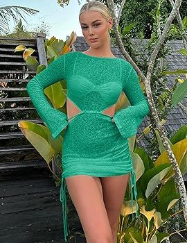 Kaximil Women's Swimsuit Coverup Long Sleeve Sexy Beach Cover Ups Mini Dress Swimwear | Amazon (US)