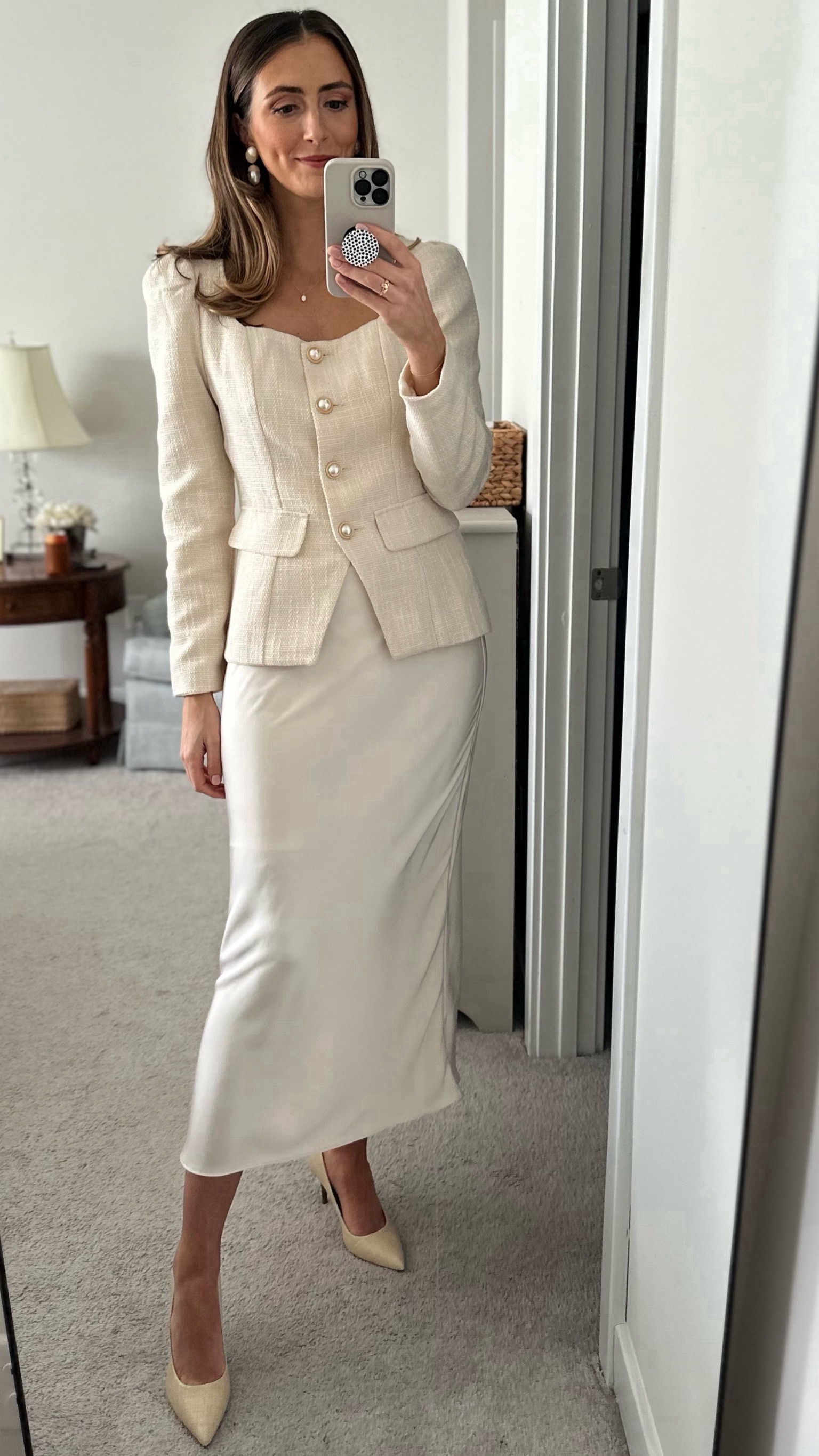 Loved this classic pearl button top and silk midi skirt combo for a spring baptism🕊️ 

#LTKstyletip #LTKfindsunder50 #LTKfindsunder100