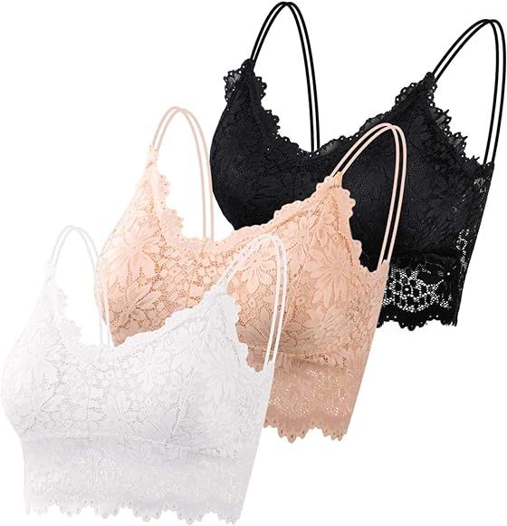 PAXCOO 3 Pcs Lace Bralette for Women, Lace Bralette Padded Lace Bandeau Bra with Straps for Women Gi | Amazon (US)