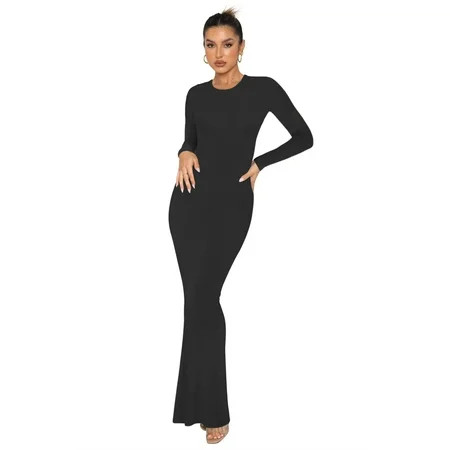 REORIA Women Long Sleeve Bodycon Dress Sexy Crew Neck Ribbed Basic Maxi Dresses Slim Fit | Walmart (US)