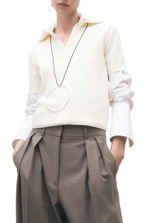 MANGO Short Sleeve Cotton & Wool Polo Sweater in Ecru at Nordstrom, Size Small | Nordstrom
