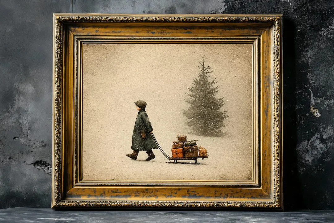Vintage Boy Pulling a Sled With Gifts Print, Dark Moody Christmas Art, Rustic Christmas Decor, Fa... | Etsy (US)