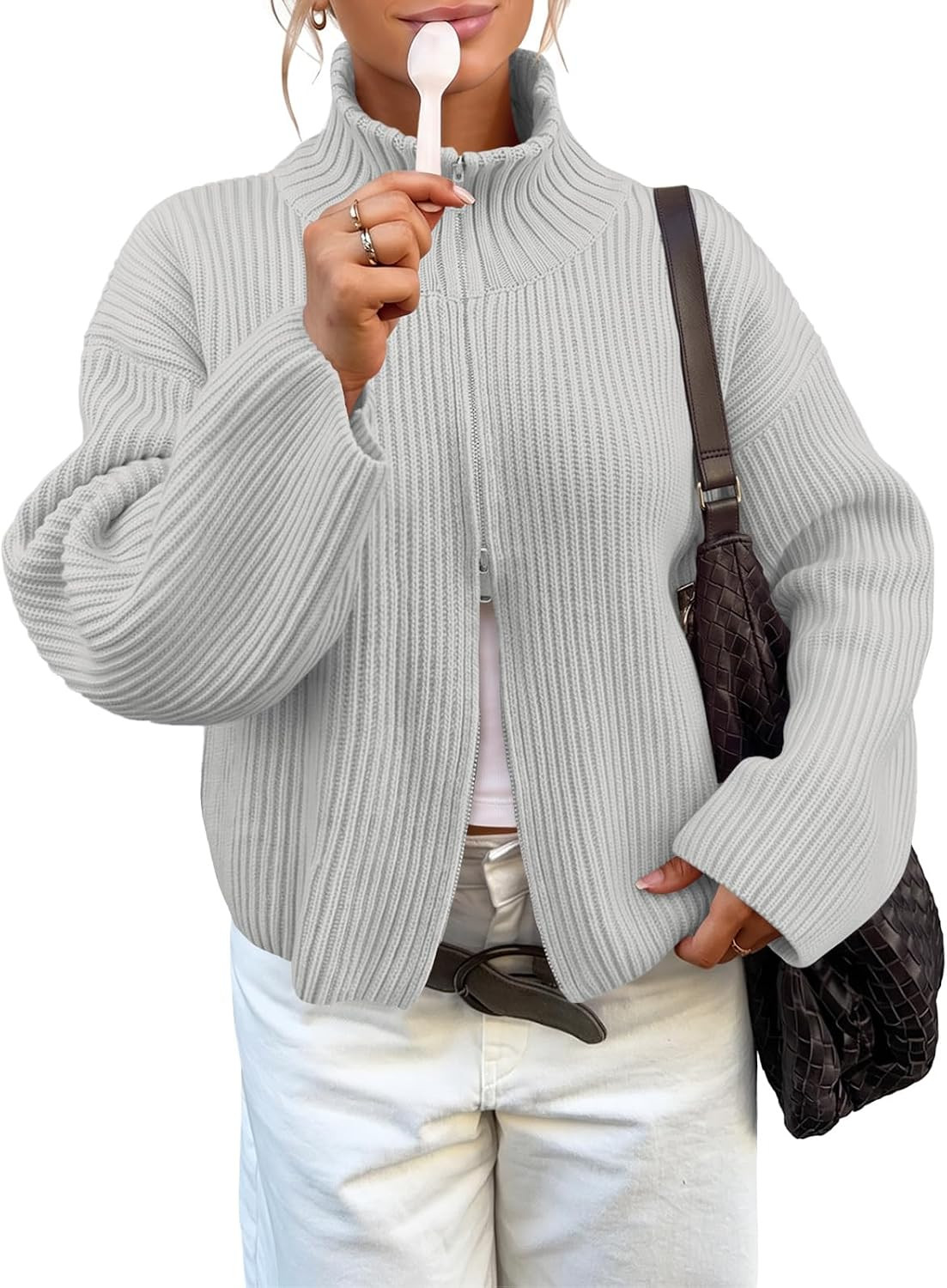 Womens Zip Up Chunky Cardigan Ribbed Knit Mock Neck Sweater Jacket | Amazon (US)