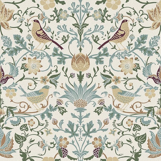 WESTICK Beige William Morris Wallpaper 17.5"x315" Vintage Peel and Stick Birds Floral Wallpaper B... | Amazon (US)