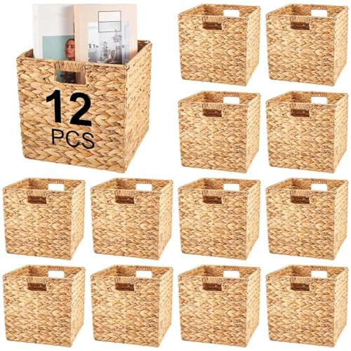 Jinei 12 Pcs Wicker Storage Basket Bulk 10 x 10 x 10 Inch Handwoven Water Hyacinth Cube Bin with Handles Woven Laundry for Organizer Shelves Wood Color | Amazon (US)