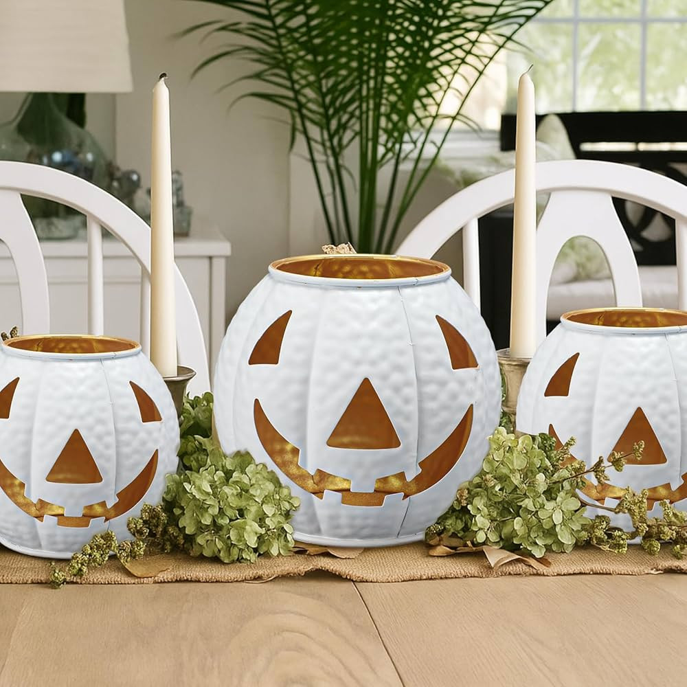 Nuogo 3 Pcs Halloween Metal Jack O Lanterns - Pumpkin Lanterns Creepy Decoration with LED Candles... | Amazon (US)