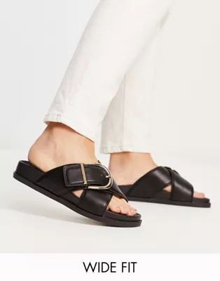 ASOS DESIGN Wide Fit Flash buckle cross-vamp flat sandals in black - BLACK | ASOS (Global)