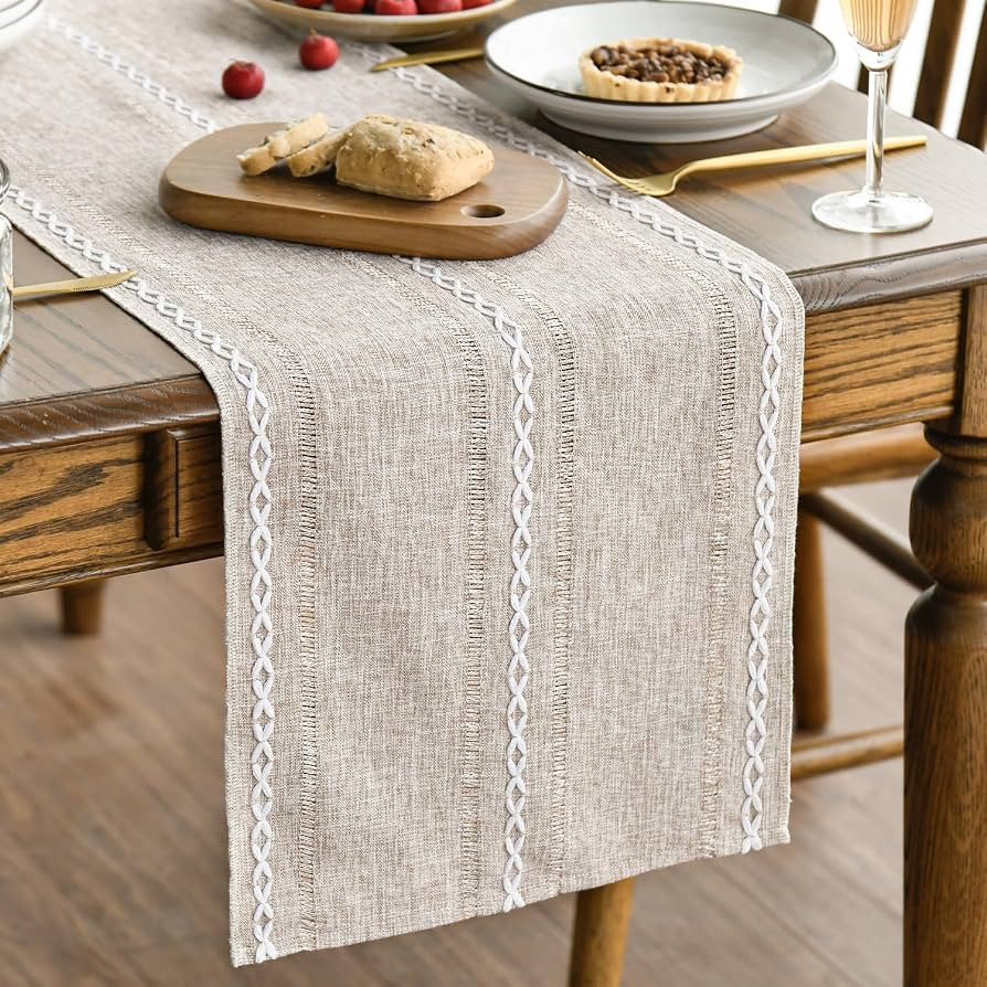 Artoid Mode Brown Rustic Cotton Linen Table Runner, Seasonal Embroidered Hollow Kitchen Dining Ta... | Amazon (US)