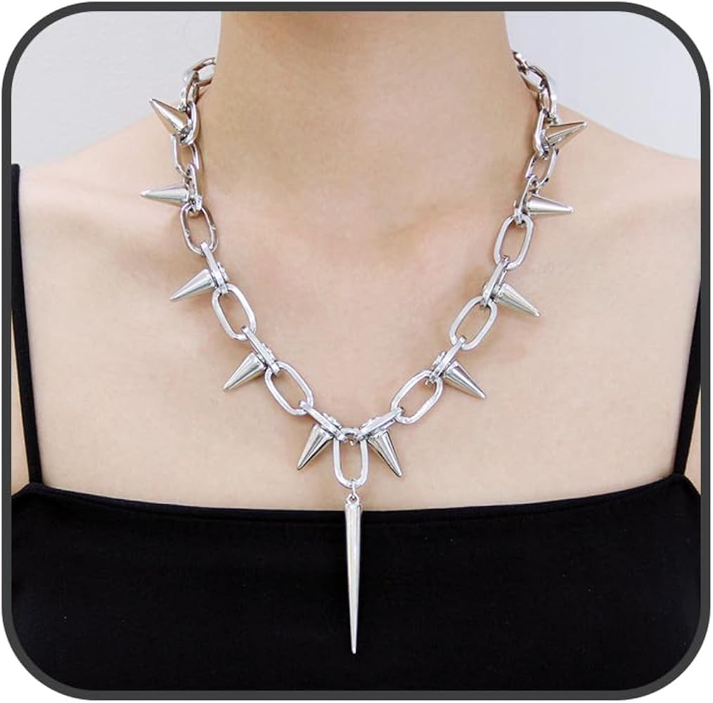 Silver Punk Spiked Chokers Necklaces Rivet Goth Necklaces Chokers with Spikes and Chain Streetwea... | Amazon (US)