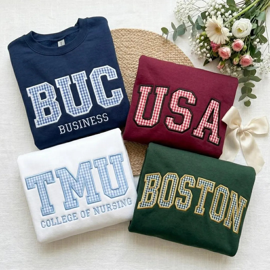 Embroidered Custom Varsity Letter Sweatshirt, Custom College Patchwork, University Gingham Appliq... | Etsy (US)