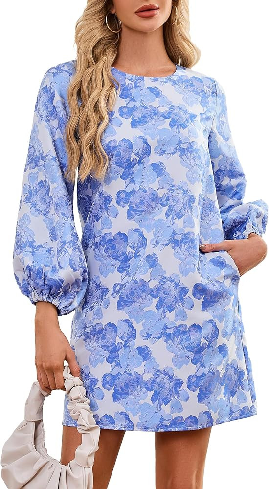 Ladyful Women's Long Sleeve Floral Mini Dress Jacquard Elegant Party Shift Short Dress with Pocke... | Amazon (US)