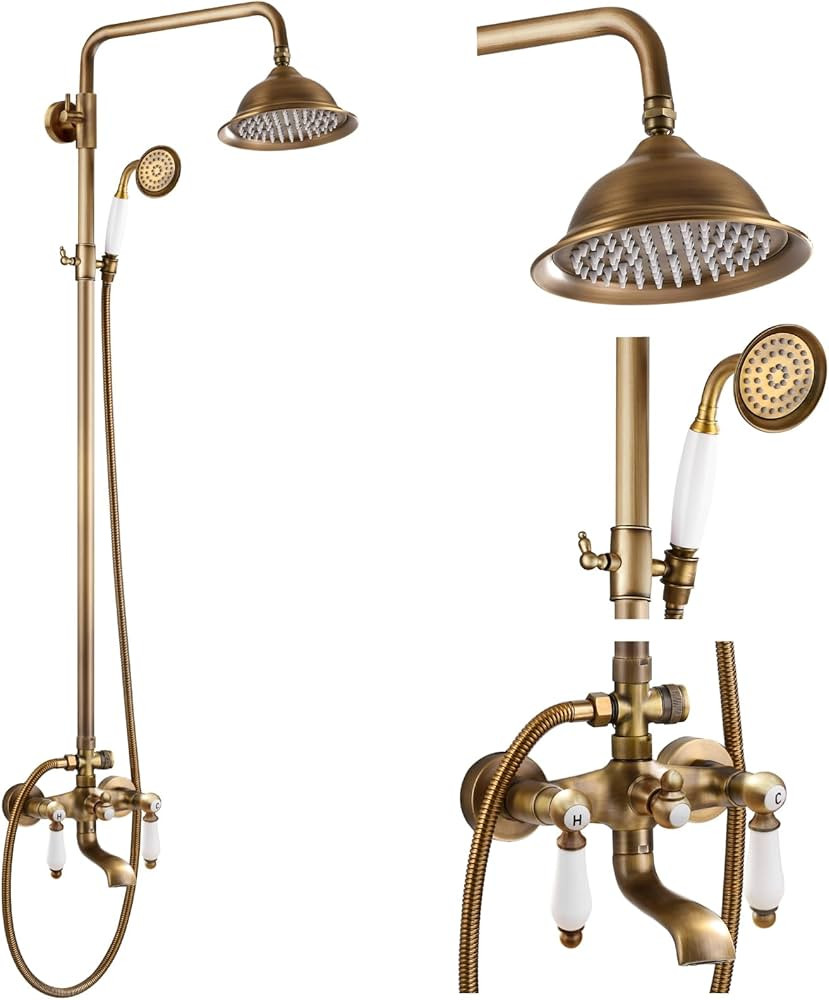 gotonovo Antique Brass Shower Faucet 8-inch Luxury Shower Head Fixture with Handheld Spray Double... | Amazon (US)