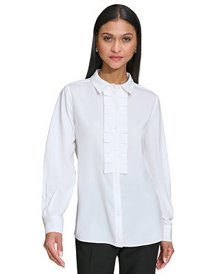 Karl Lagerfeld Women's Collared Pleat-Front Long-Sleeve Top - Macy's | Macy's