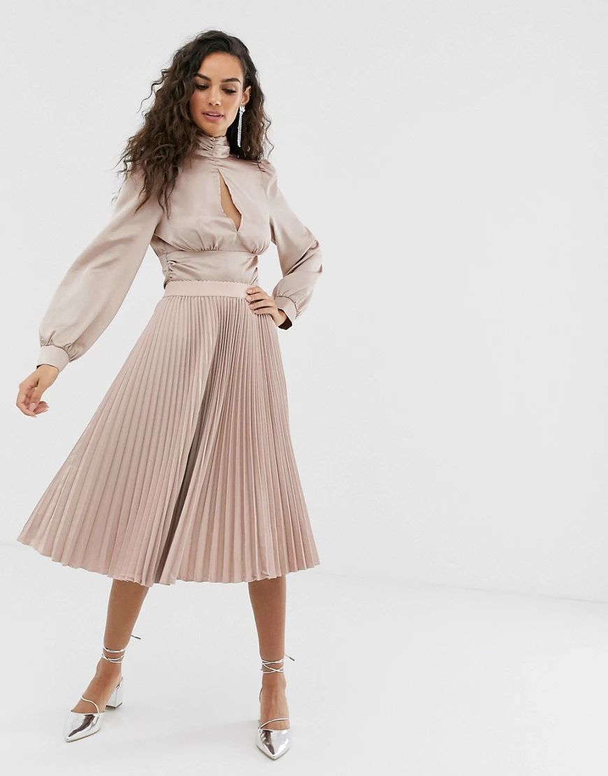 Outrageous Fortune midi pleated skater skirt in mink-Pink | ASOS (Global)