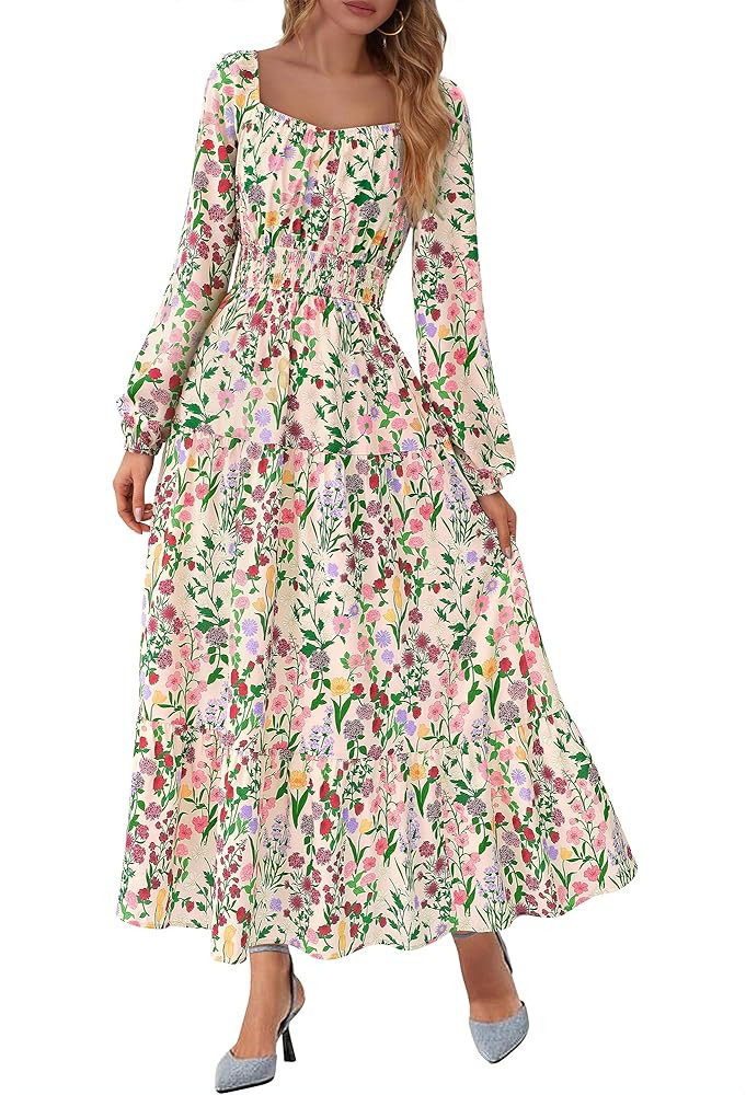 BTFBM Fall Dresses for Women 2025 Long Sleeve Boho Floral Empire Waist Square Neck Casual Flowy W... | Amazon (US)
