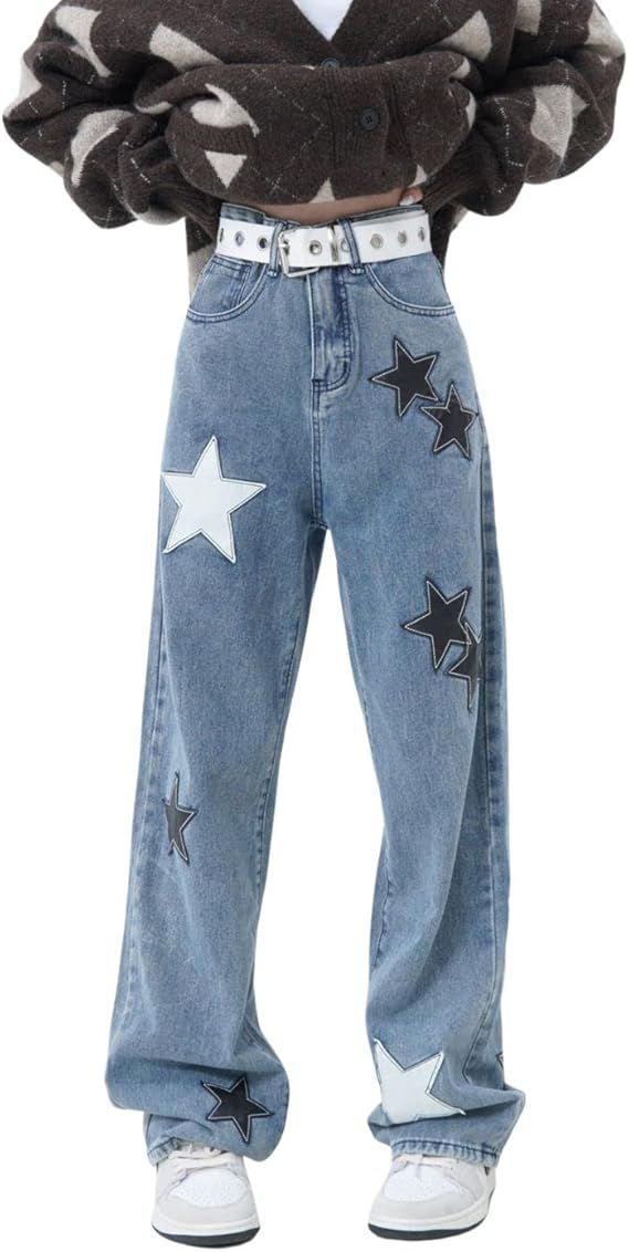 Y2K Jeans for Women Star Baggy Pants Low Rise Vintage Y2k Aesthetic Streetwear Fashion Summer Clo... | Amazon (US)