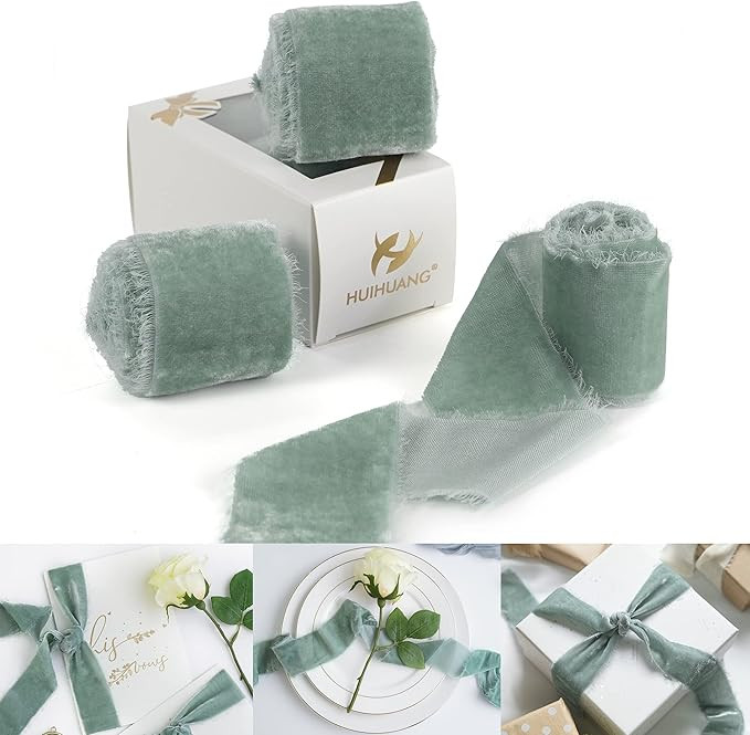 HUIHUANG 3 Rolls Frayed Silk Velvet Ribbon French Blue Fringe Ribbon Raw Edge Rustic Wedding Ribb... | Amazon (US)