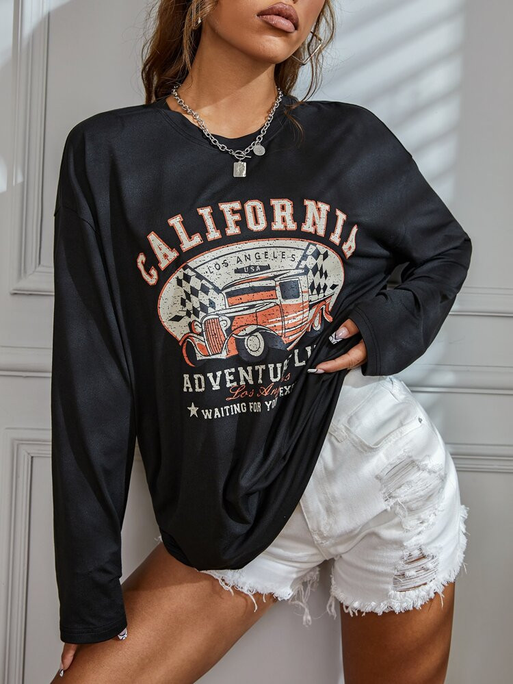 Letter & Car Graphic Drop Shoulder Pullover | SHEIN