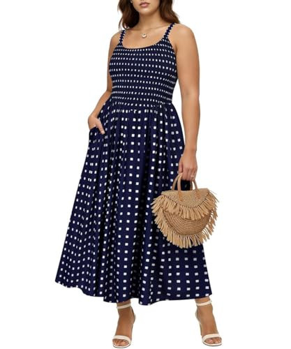 RITERA Women Plus Size Dresses 2X Sexy Summer Maxi Dress Spaghetti Strap Square Neck Sundress Sleeveless Party Blue White Checkered Dots Boho Dresses Wedding Guest Dress with Pockets 2XL 18W 20W | Amazon (US)