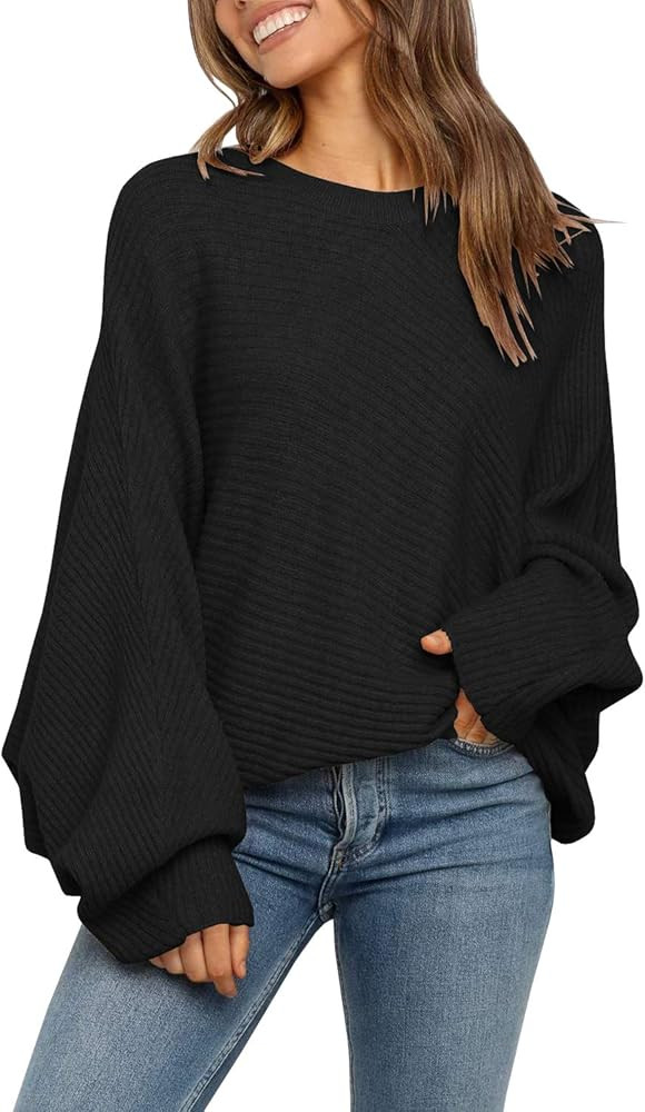 Mafulus Women's Oversized Crewneck Sweater Batwing Puff Long Sleeve Cable Slouchy Pullover Jum... | Amazon (US)