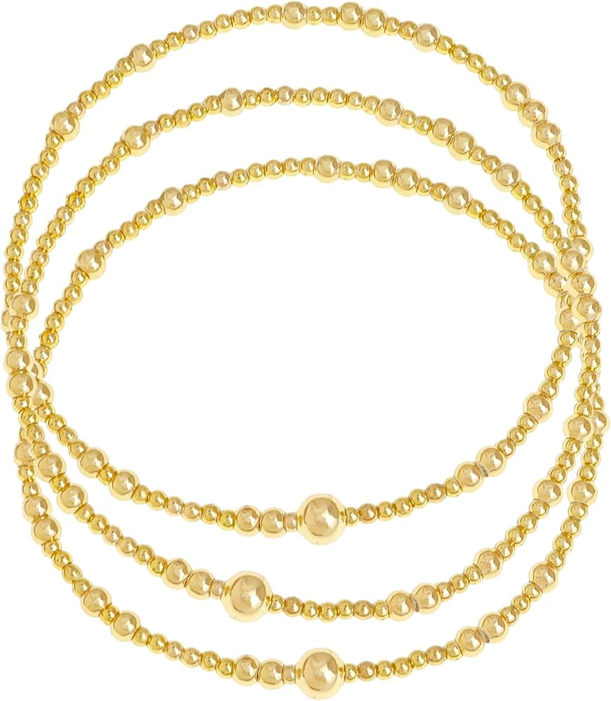 Gold Beaded Stretch Stack Bracelets Set for Women, Trendy Stackable Agate Gemstone Bead Elastic F... | Amazon (US)