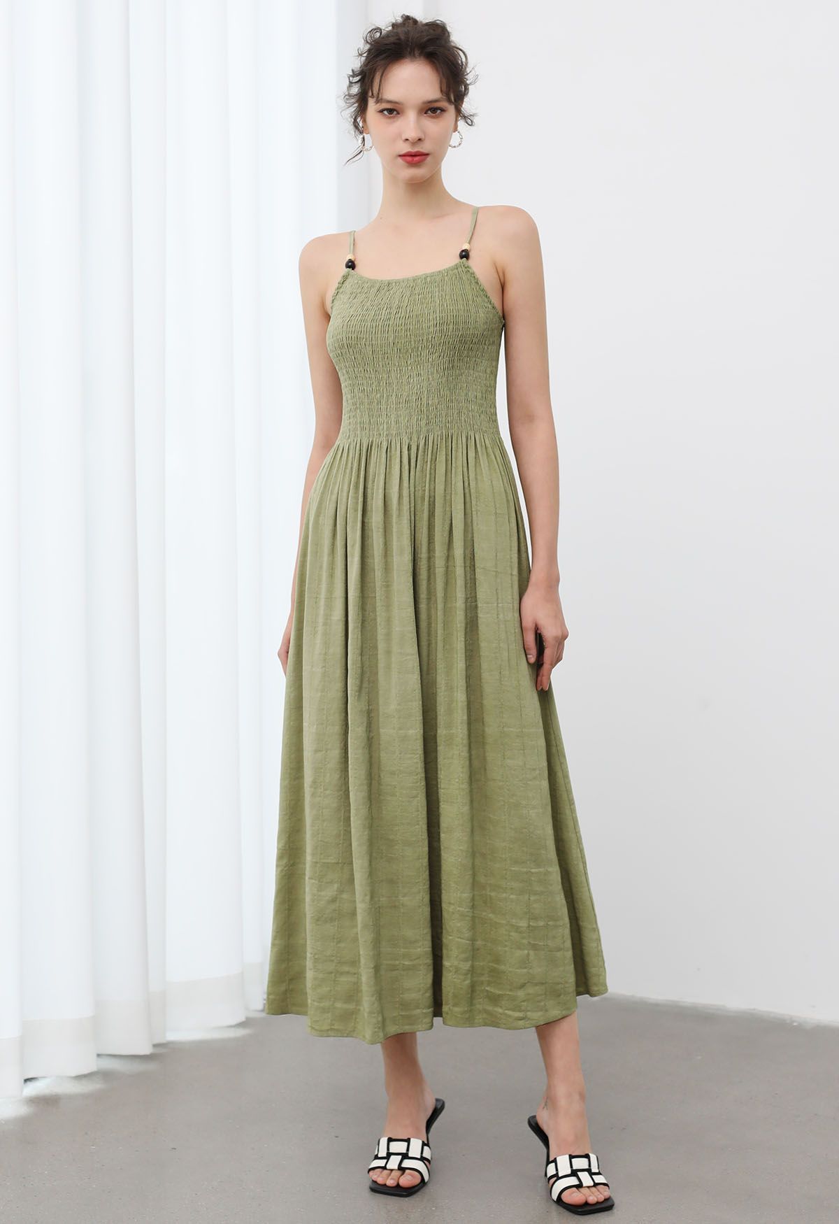 Beaded Strap Shirred Bodice Cami Dress in Pea Green | Chicwish